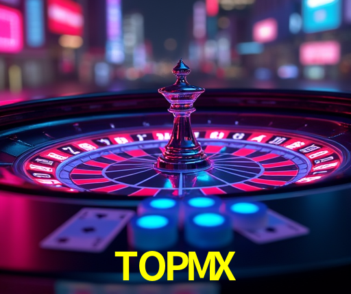 Una escena digital vívida inspirada en casino con TOPMX mostrado prominentemente, luces brillantes, fichas, cartas y acentos dorados.