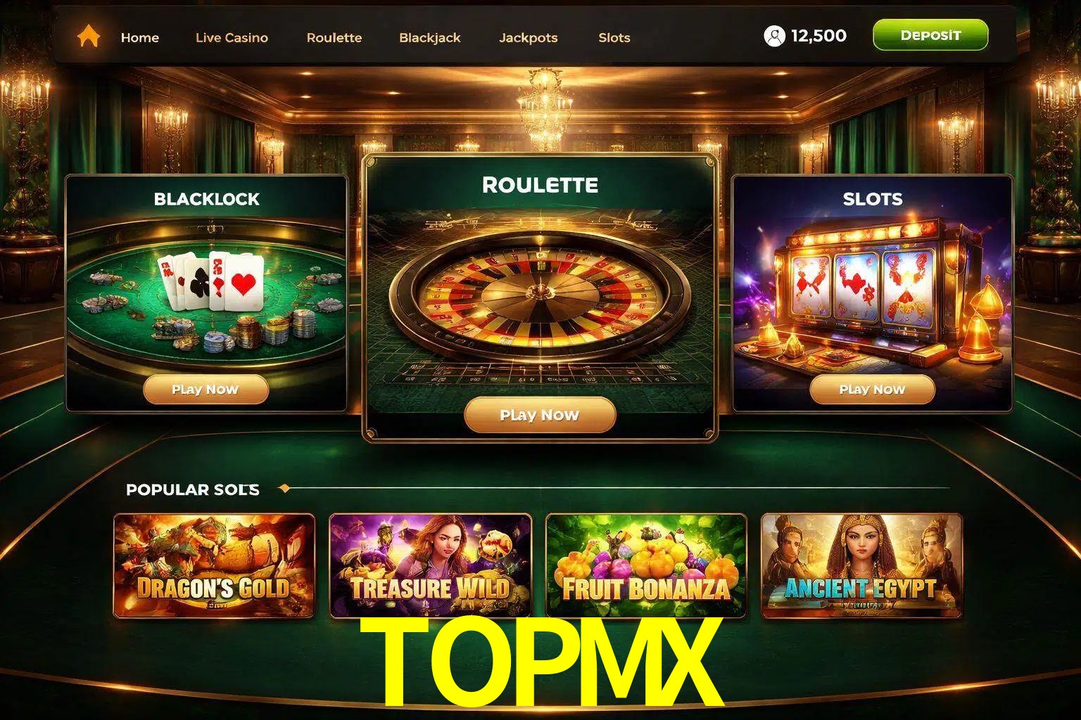 Vista de la plataforma TOPMX Casino mostrando categorías organizadas de juegos en línea