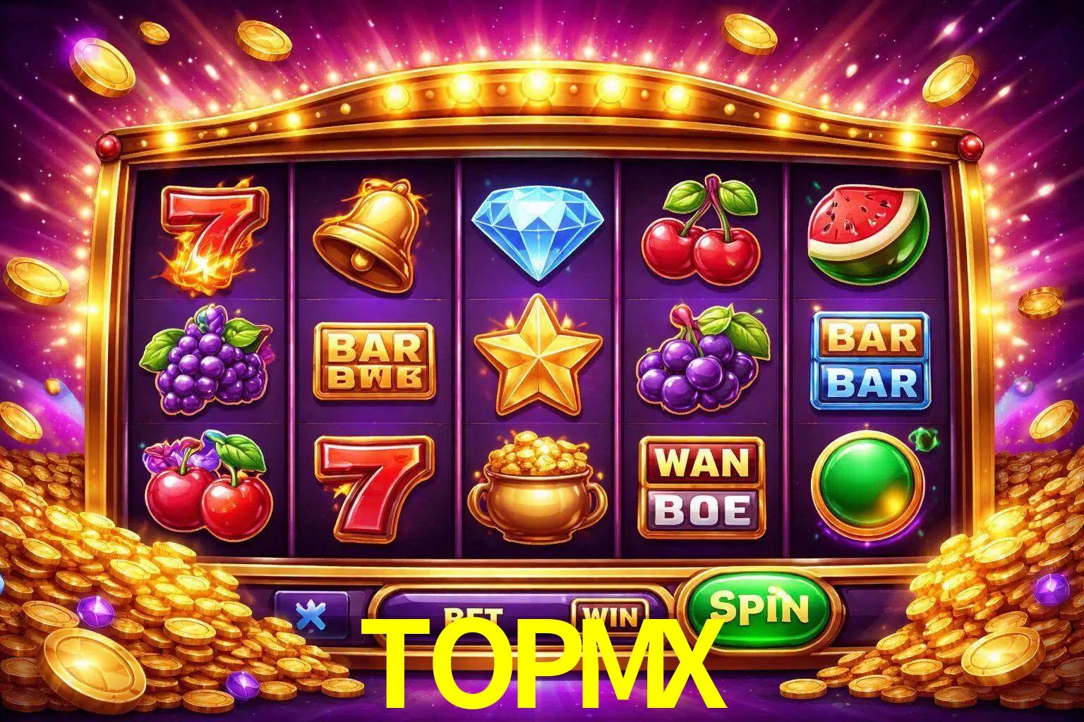 Una interfaz colorida de tragamonedas en línea con símbolos brillantes, monedas y un efecto de victoria celebratoria en TOPMX.